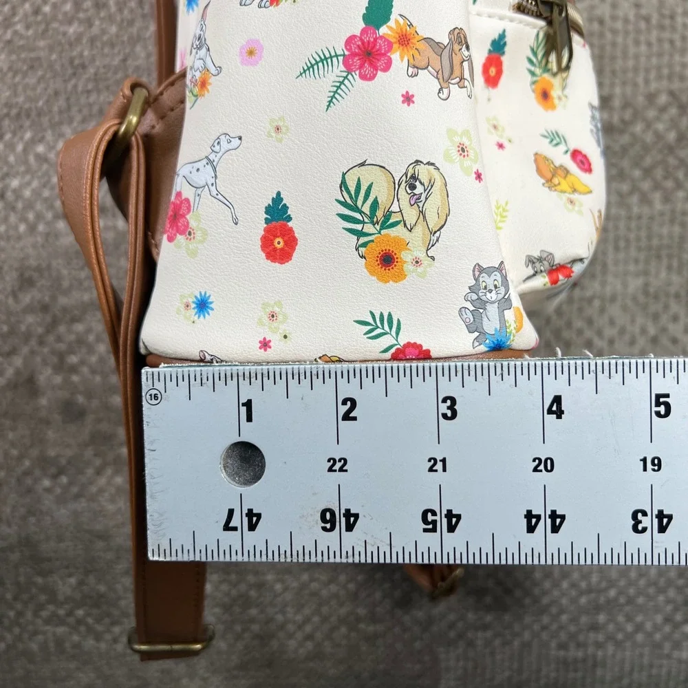 Disney Loungefly Mini Backpack Floral Dogs and Cats White Brown Faux Leather